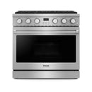 Thor Kitchen 6-Piece Appliance Package - 36-Inch Gas Range, Pro-Style Wall Mount Range Hood, Refrigerator, Dishwasher, Microwave, and Wine Cooler in Stainless Steel