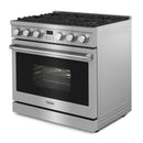 Thor Kitchen 6-Piece Appliance Package - 36-Inch Gas Range, Pro-Style Wall Mount Range Hood, Refrigerator, Dishwasher, Microwave, and Wine Cooler in Stainless Steel