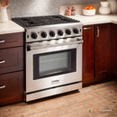 Thor Kitchen 5-Piece Appliance Package - 30-Inch Gas Range, French Door Refrigerator, Wall Mount Hood, Dishwasher, and Wine Cooler in Stainless Steel