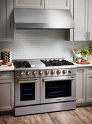 Thor Kitchen 6-Piece Pro Appliance Package - 48-Inch Dual Fuel Range, Refrigerator with Water Dispenser, Dishwasher, Under Cabinet 11-Inch Tall Hood, Microwave Drawer, & Wine Cooler in Stainless Steel