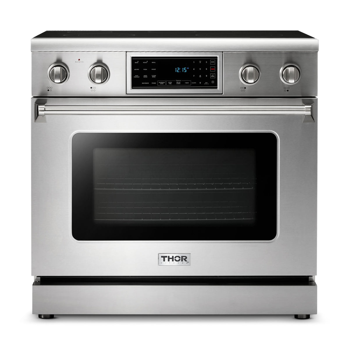 Thor Kitchen 4-Piece Appliance Package - 36-Inch Electric Range with Tilt Panel, French Door Refrigerator, Wall Mount Hood, and Dishwasher in Stainless Steel