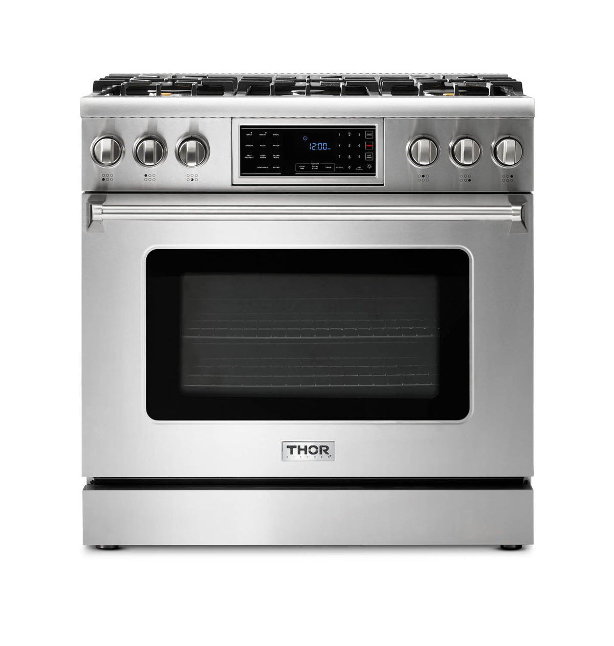 Thor Kitchen 5-Piece Appliance Package - 36-Inch Gas Range with Tilt Panel, French Door Refrigerator, Pro-Style Wall Mount Hood, Dishwasher, and Wine Cooler in Stainless Steel