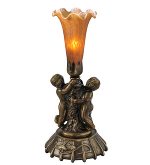 Meyda 12" High Amber Tiffany Pond Lily Twin Cherub Mini Lamp '11476