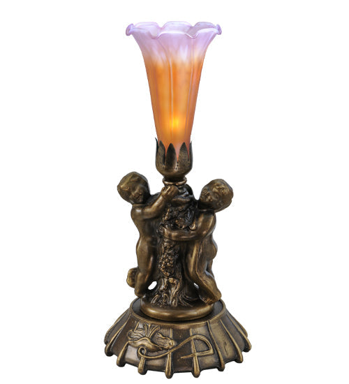Meyda 12" High Amber/Purple Tiffany Pond Lily Twin Cherub Mini Lamp '11500