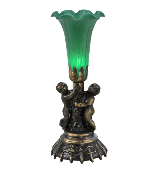 Meyda 12" High Green Tiffany Pond Lily Twin Cherub Mini Lamp 12002