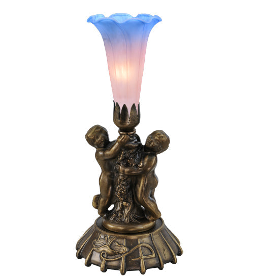 Meyda 12" High Pink/Blue Tiffany Pond Lily Twin Cherub Mini Lamp 12454