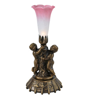 Meyda 12" High Pink/White Pond Lily Twin Cherub Mini Lamp 12608