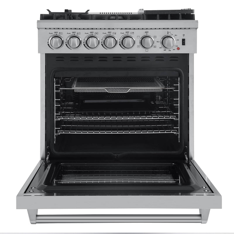 Forno 5-Piece Appliance Package - 30-Inch Dual Fuel Range with Air Fryer, 56-Inch Pro-Style Refrigerator, Wall Mount Hood with Backsplash, Microwave Drawer, & 3-Rack Dishwasher in Stainless Steel