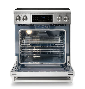 Thor Kitchen 4-Piece Appliance Package - 30-Inch Electric Range with Tilt Panel, French Door Refrigerator, Wall Mount Hood, and Dishwasher in Stainless Steel