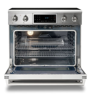 Thor Kitchen 4-Piece Appliance Package - 36-Inch Electric Range with Tilt Panel, French Door Refrigerator, Under Cabinet Hood, and Dishwasher in Stainless Steel
