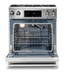 Thor Kitchen 5-Piece Appliance Package - 30-Inch Gas Range with Tilt Panel, Refrigerator with Water Dispenser, Wall Mount Hood, Dishwasher, & Wine Cooler in Stainless Steel