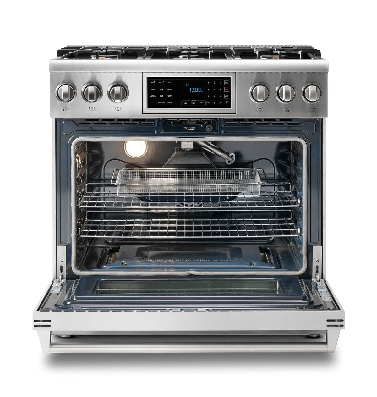 Thor Kitchen 4-Piece Appliance Package - 36-Inch Gas Range with Tilt Panel, French Door Refrigerator, Wall Mount Hood, and Dishwasher in Stainless Steel