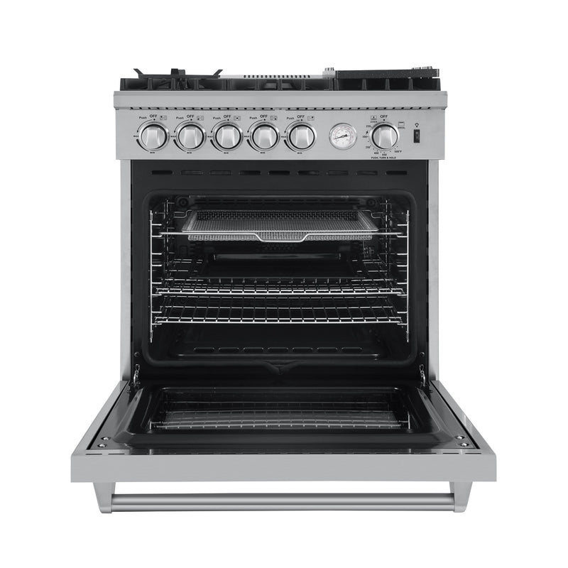 Forno 3-Piece Appliance Package - 30-Inch Gas Range with Air Fryer, Refrigerator, & Wall Mount Hood with Backsplash in Stainless Steel