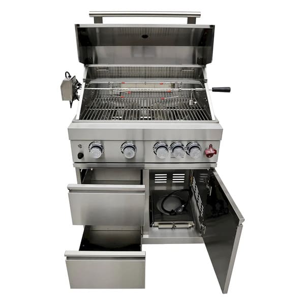 FORNO Bulnes Outdoor Kitchen 30-Inch BBQ 60,000 BTU, with Sear, Rotisserie Infrared Burners, 1.8 Cu.Ft. Beverage Center, & Black/White Countertops