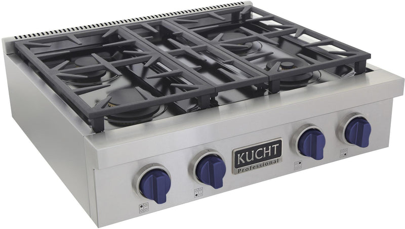 Kucht 30-Inch 4 Burner Gas Rangetop in Stainless Steel with Royal Blue Knob (KFX309T-B)