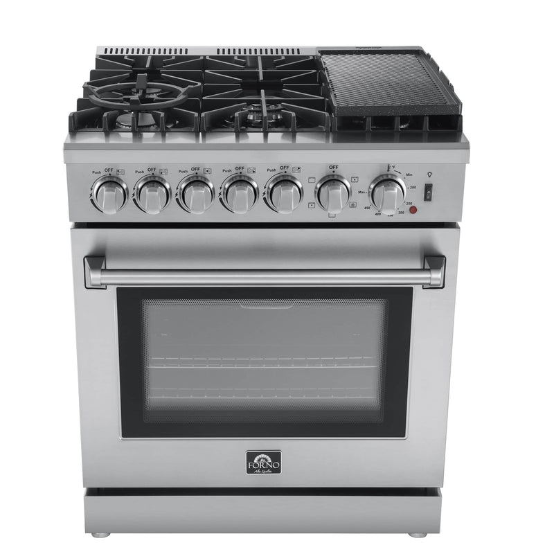 Forno 4-Piece Appliance Package - 30-Inch Dual Fuel Range with Air Fryer, Refrigerator, Microwave Drawer, & 3-Rack Dishwasher in Stainless Steel