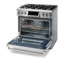 Thor Kitchen 4-Piece Appliance Package - 36-Inch Gas Range with Tilt Panel, French Door Refrigerator, Pro-Style Wall Mount Hood, and Dishwasher in Stainless Steel