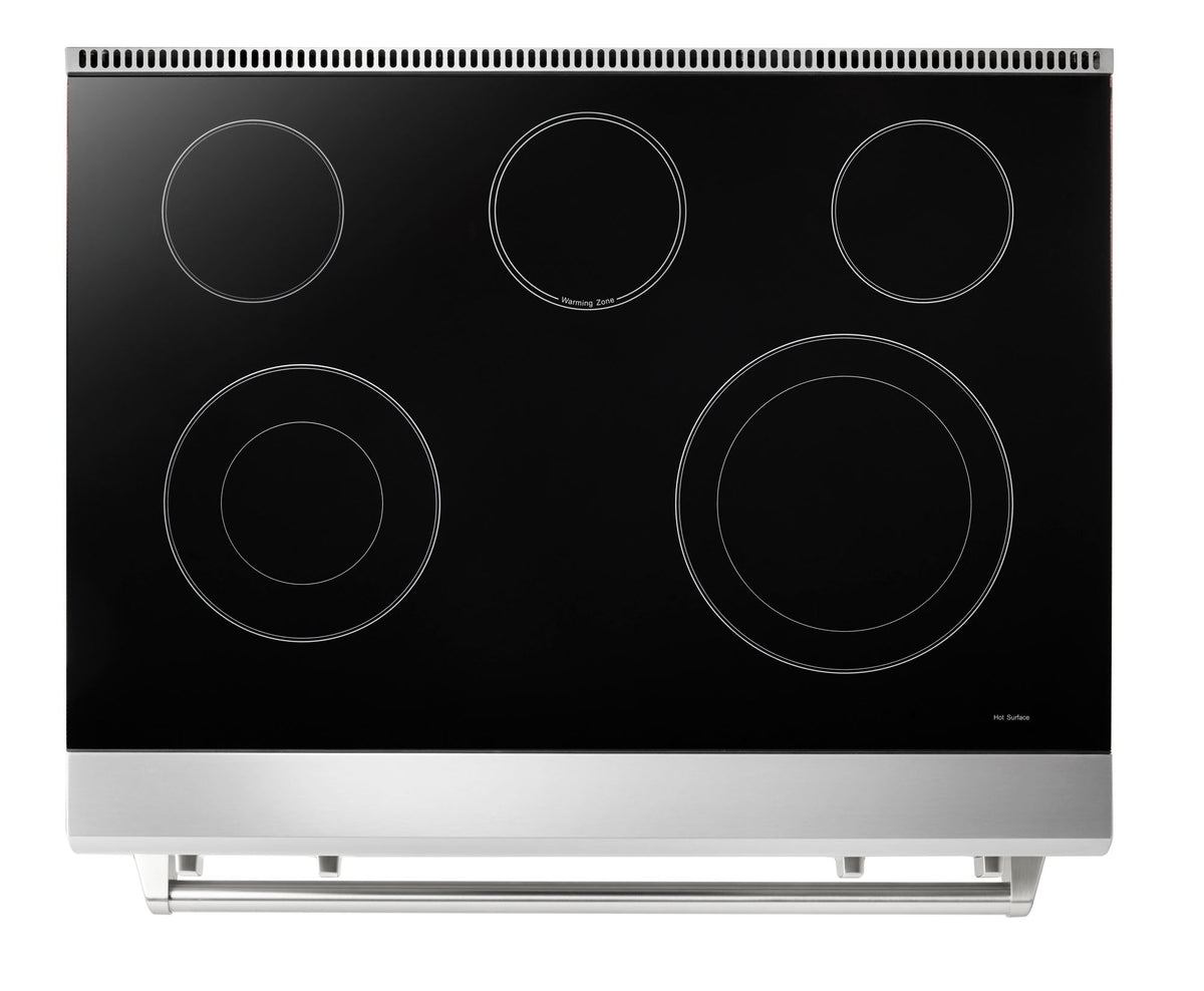 Thor Kitchen 4-Piece Appliance Package - 36-Inch Electric Range with Tilt Panel, French Door Refrigerator, Wall Mount Hood, and Dishwasher in Stainless Steel