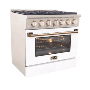 Kucht Signature 36" Gas Range with Convection Oven in White with White Knobs & Gold Handle KNG361-W-GOLD