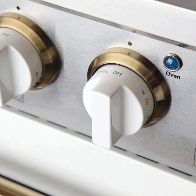 Kucht Signature 36" Gas Range with Convection Oven in White with White Knobs & Gold Handle KNG361-W-GOLD