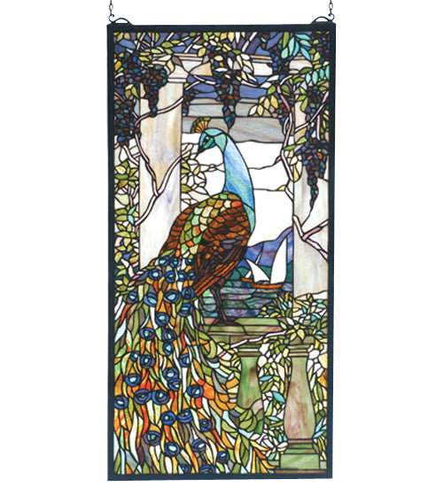 Meyda 15"W X 30"H Tiffany Peacock Wisteria Stained Glass Window 70519