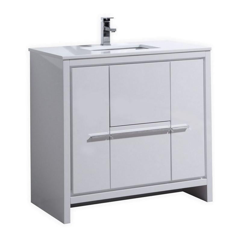 KubeBath Dolce 36 in. Modern Bathroom Vanity with White Quartz Counter Top - High Gloss White