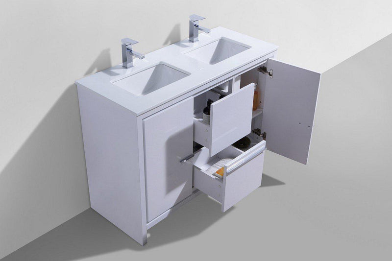 KubeBath Dolce 48 in. Double Sink Modern Bathroom Vanity with White Quartz Counter Top - High Gloss White, AD648DGW