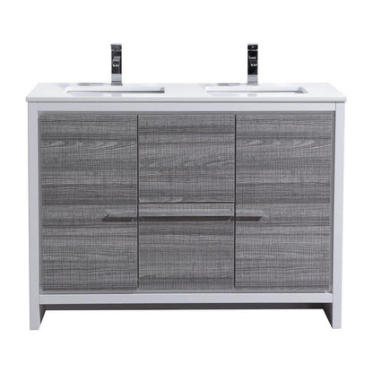KubeBath Dolce 48 in. Double Sink Modern Bathroom Vanity with White Quartz Counter Top - Ash Gray, AD648DHG