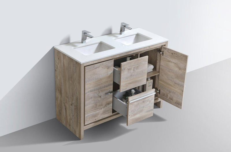 KubeBath Dolce 48 in. Double Sink Modern Bathroom Vanity with White Quartz Counter Top - Nature Wood, AD648DNW