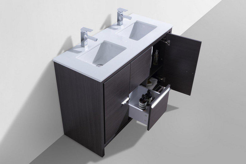 KubeBath Dolce 48 in. Double Sink Gray Oak Modern Bathroom Vanity with White Quartz Counter-Top, AD648DWB