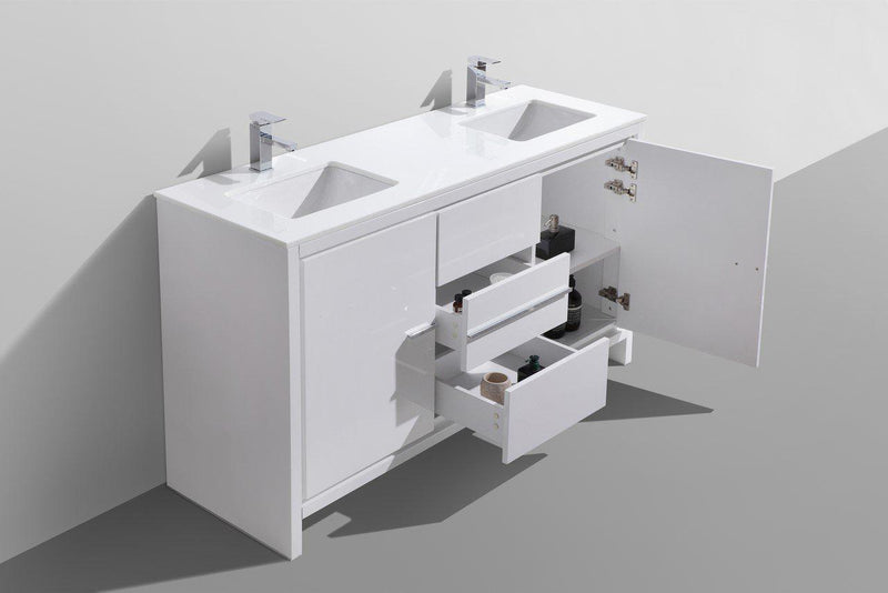 KubeBath Dolce 60 in. Double Sink Modern Bathroom Vanity with White Quartz Counter Top - High Gloss White, AD660DGW