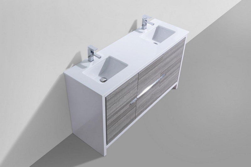 KubeBath Dolce 60 in. Double Sink Modern Bathroom Vanity with White Quartz Counter Top - Ash Gray, AD660DHG