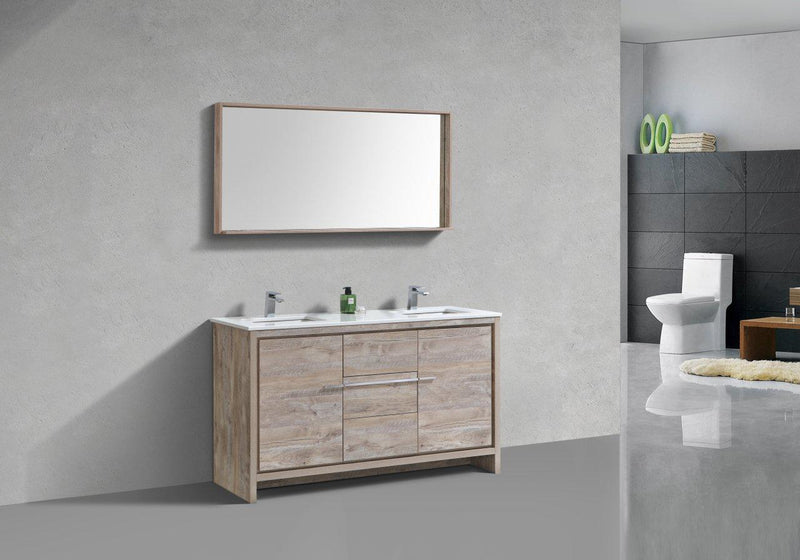 KubeBath Dolce 60 in. Double Sink Modern Bathroom Vanity with White Quartz Counter Top - Nature Wood, AD660DNW