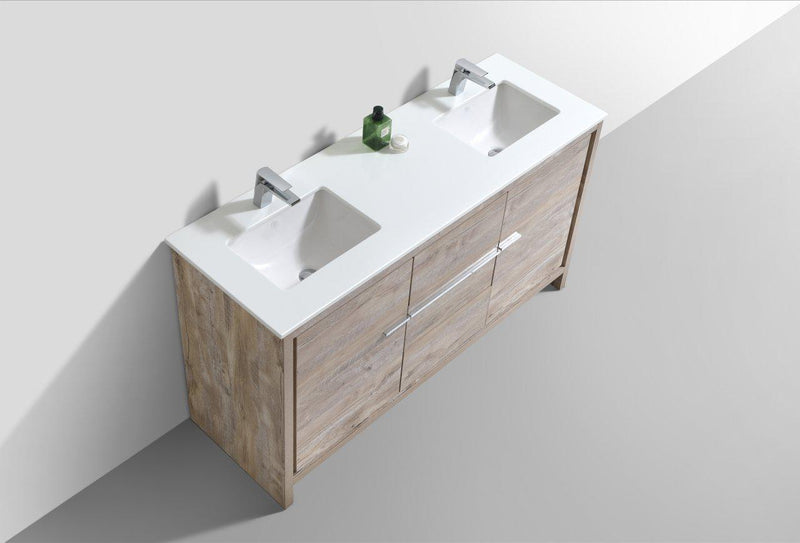 KubeBath Dolce 60 in. Double Sink Modern Bathroom Vanity with White Quartz Counter Top - Nature Wood, AD660DNW