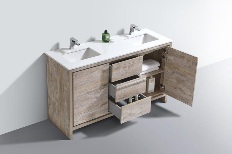 KubeBath Dolce 60 in. Double Sink Modern Bathroom Vanity with White Quartz Counter Top - Nature Wood, AD660DNW