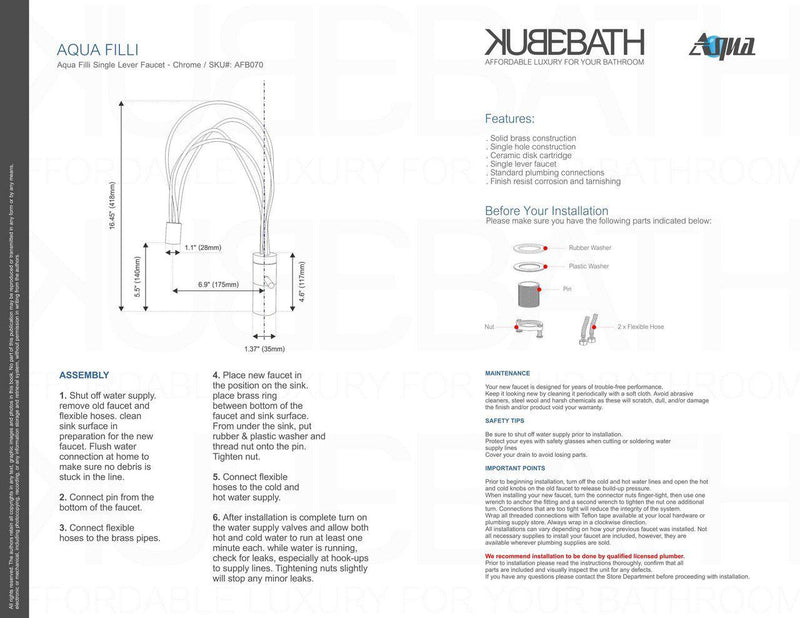 KubeBath Aqua Filli Single Lever Bathroom Vanity Faucet - Chrome , AFB070