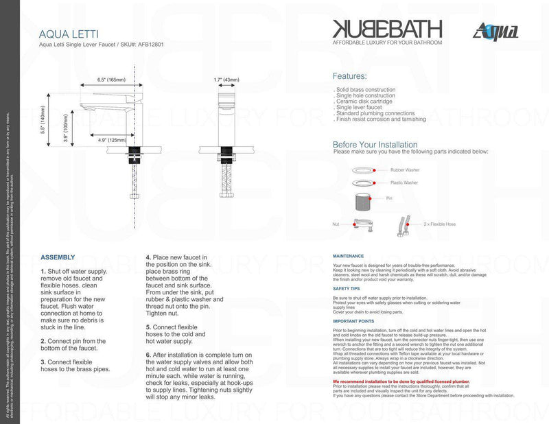 KubeBath Aqua Letti Single Lever Bathroom Vanity Faucet - Chrome, AFB12801