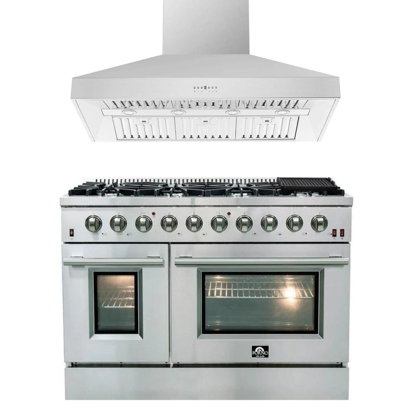 Forno 2-Piece Appliance Package - 48-Inch Gas Range & Wall Mount Hood in Stainless Steel