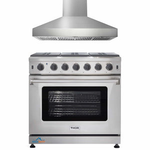 Thor Kitchen 2-Piece Appliance Package - 36-Inch Gas Range & Pro-Style Wall Mount Hood in Stainless Steel