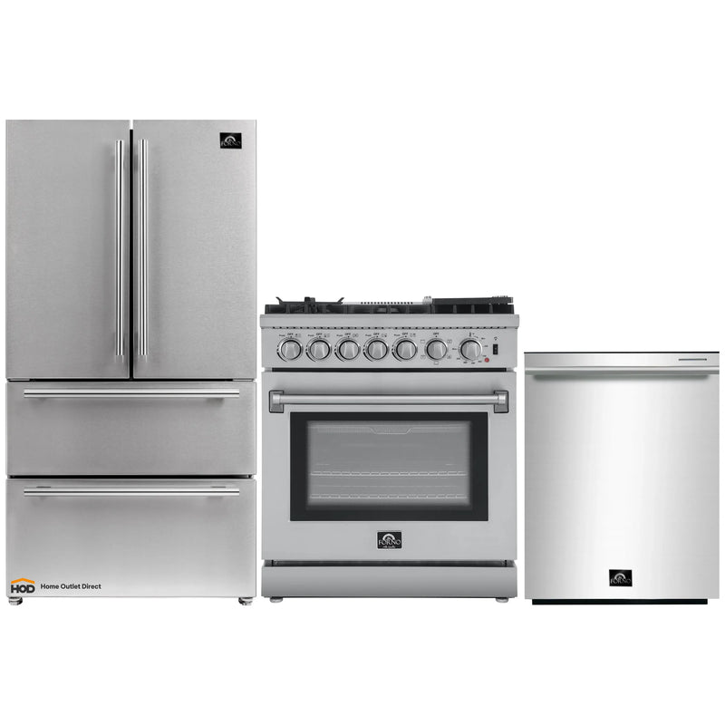 Forno 3-Piece Appliance Package - 30-Inch Dual Fuel Range with Air Fryer, French Door Refrigerator, and Dishwasher in Stainless Steel