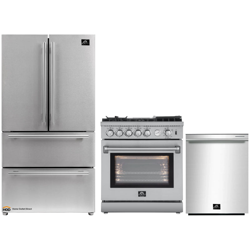 Forno 3-Piece Appliance Package - 30-Inch Gas Range with Air Fryer, French Door Refrigerator, and Dishwasher in Stainless Steel