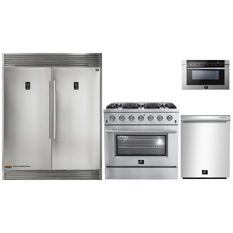 Forno 4-Piece Appliance Package - 36-Inch Gas Range, 56-Inch Pro-Style Refrigerator, Microwave Drawer, & 3-Rack Dishwasher in Stainless Steel