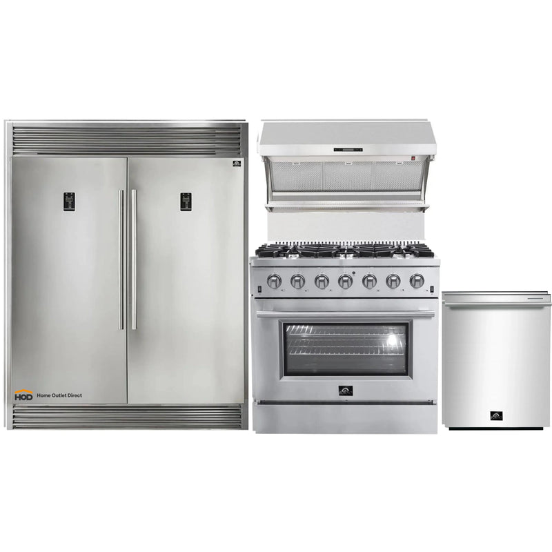 Forno 4-Piece Appliance Package - 36-Inch Gas Range, 56-Inch Pro-Style Refrigerator, Wall Mount Hood with Backsplash, & 3-Rack Dishwasher in Stainless Steel