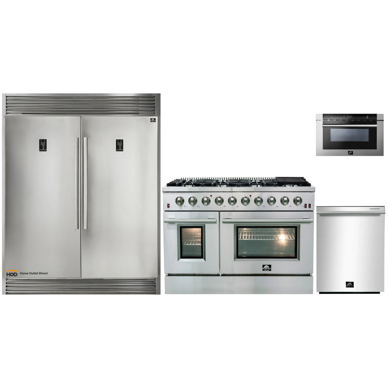 Forno 4-Piece Appliance Package - 48-Inch Gas Range, 56-Inch Pro-Style Refrigerator, Microwave Drawer, & 3-Rack Dishwasher in Stainless Steel