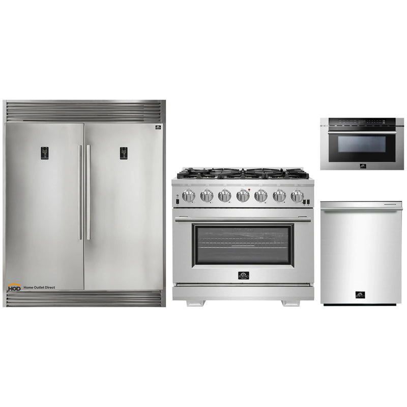 Forno 4-Piece Pro Appliance Package - 36-Inch Gas Range, 56-Inch Pro-Style Refrigerator, Microwave Drawer, & 3-Rack Dishwasher in Stainless Steel