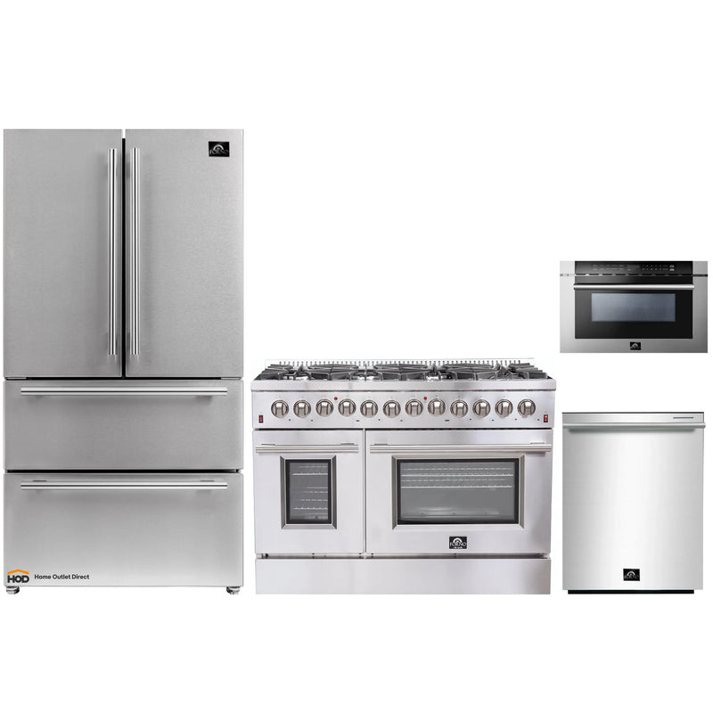 Forno 4-Piece Appliance Package - 48-Inch Dual Fuel Range, Refrigerator, Microwave Drawer, & 3-Rack Dishwasher in Stainless Steel