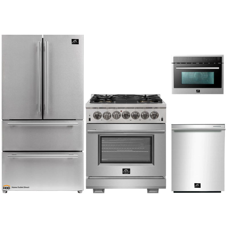 Forno 4-Piece Pro Appliance Package - 30-Inch Dual Fuel Range, Refrigerator, Microwave Oven, & 3-Rack Dishwasher in Stainless Steel