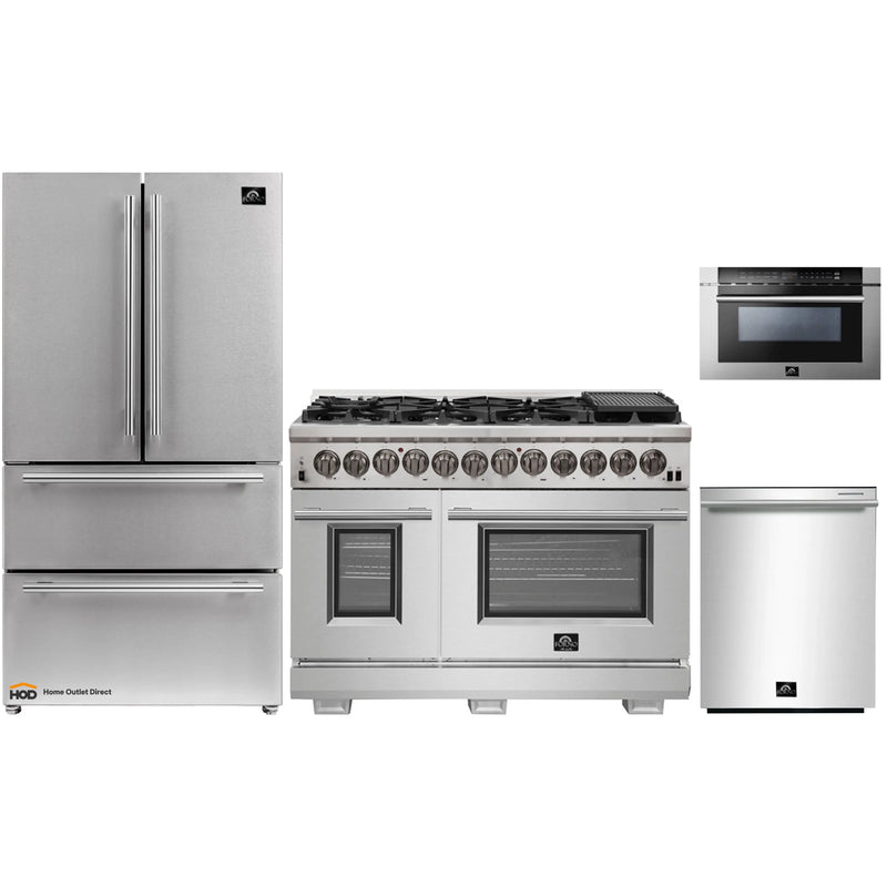 Forno 4-Piece Pro Appliance Package - 48-Inch Dual Fuel Range, Refrigerator, Microwave Drawer, & 3-Rack Dishwasher in Stainless Steel