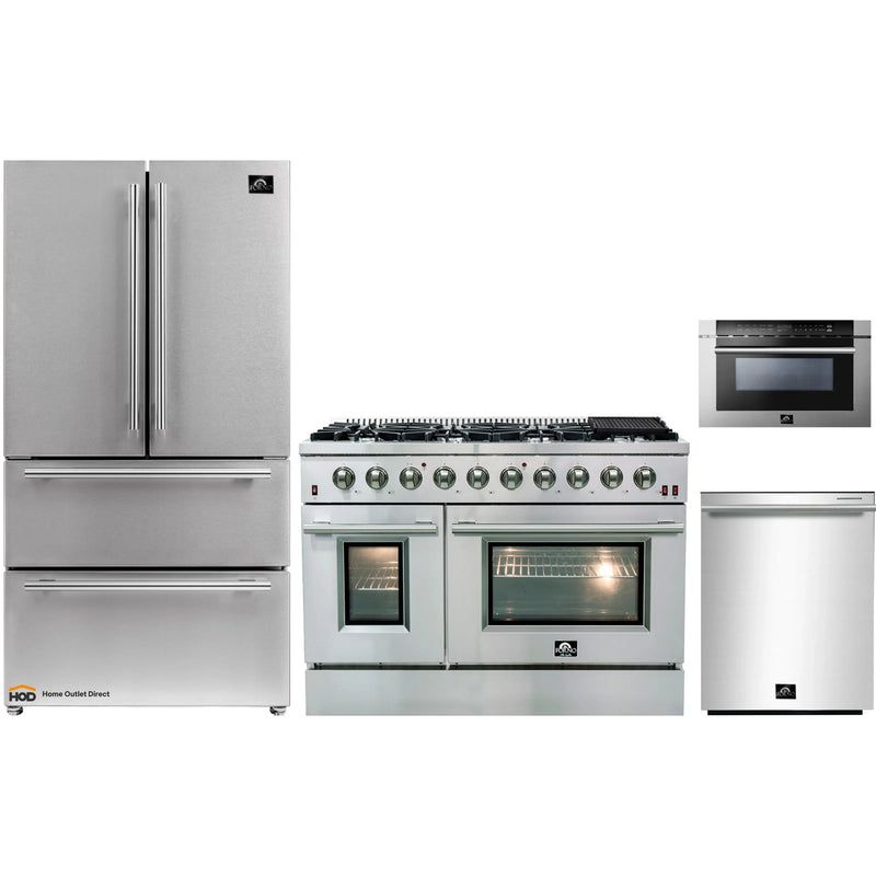 Forno 4-Piece Appliance Package - 48-Inch Gas Range, Refrigerator, Microwave Drawer, & 3-Rack Dishwasher in Stainless Steel