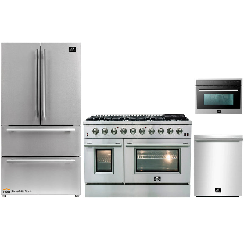 Forno 4-Piece Appliance Package - 48-Inch Gas Range, Refrigerator, Microwave Oven, & 3-Rack Dishwasher in Stainless Steel